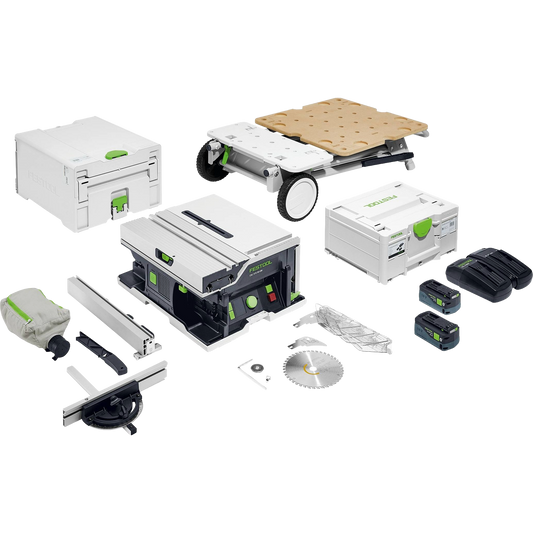 Cordless portable table saw kit with compact saw, battery packs, charger, dust bag, adjustable fence, mobile worktable, and storage cases, included in Power Tools, Saws, and Festool collections.
