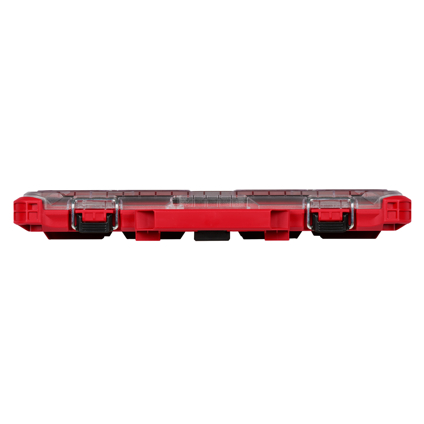 Slim red Milwaukee storage organizer with clear lid and secure latches for compact tool storage under $50 collections