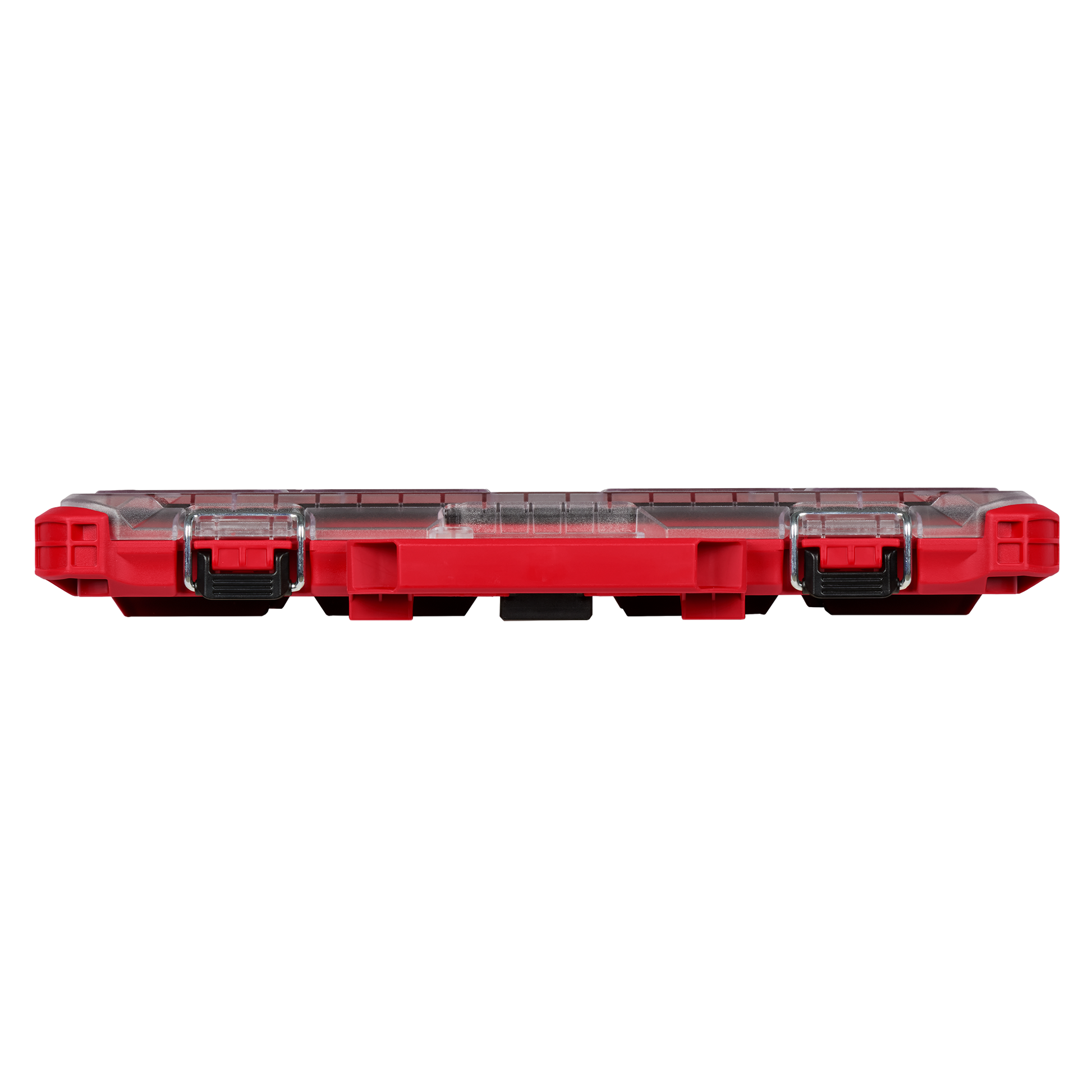 Slim red Milwaukee storage organizer with clear lid and secure latches for compact tool storage under $50 collections
