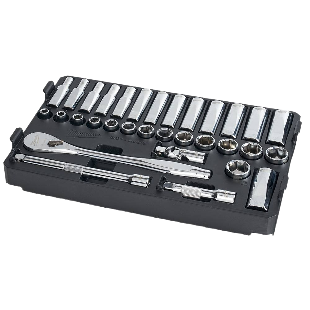 32-piece chrome socket and ratchet set in black low-profile organizer for woodworking and hand tool use