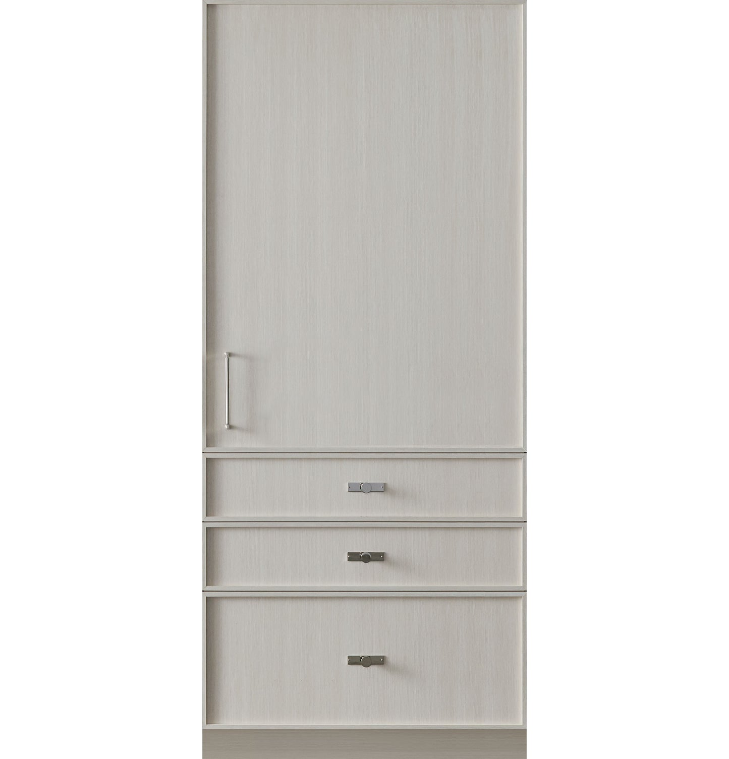 Panel-ready integrated column freezer with light wood finish and stainless steel handles from kitchen appliances collection