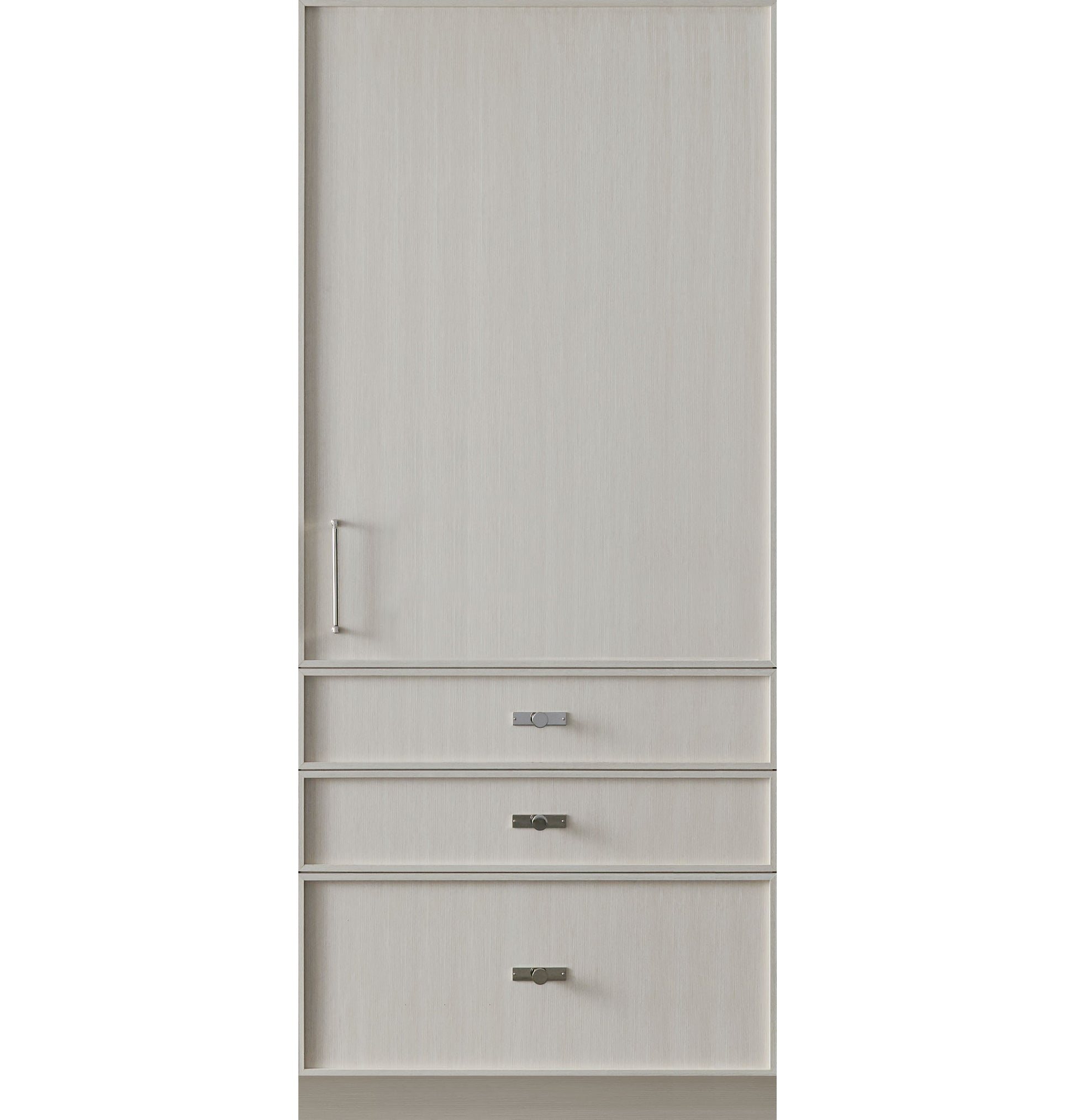 Panel-ready integrated column freezer with light wood finish and stainless steel handles from kitchen appliances collection