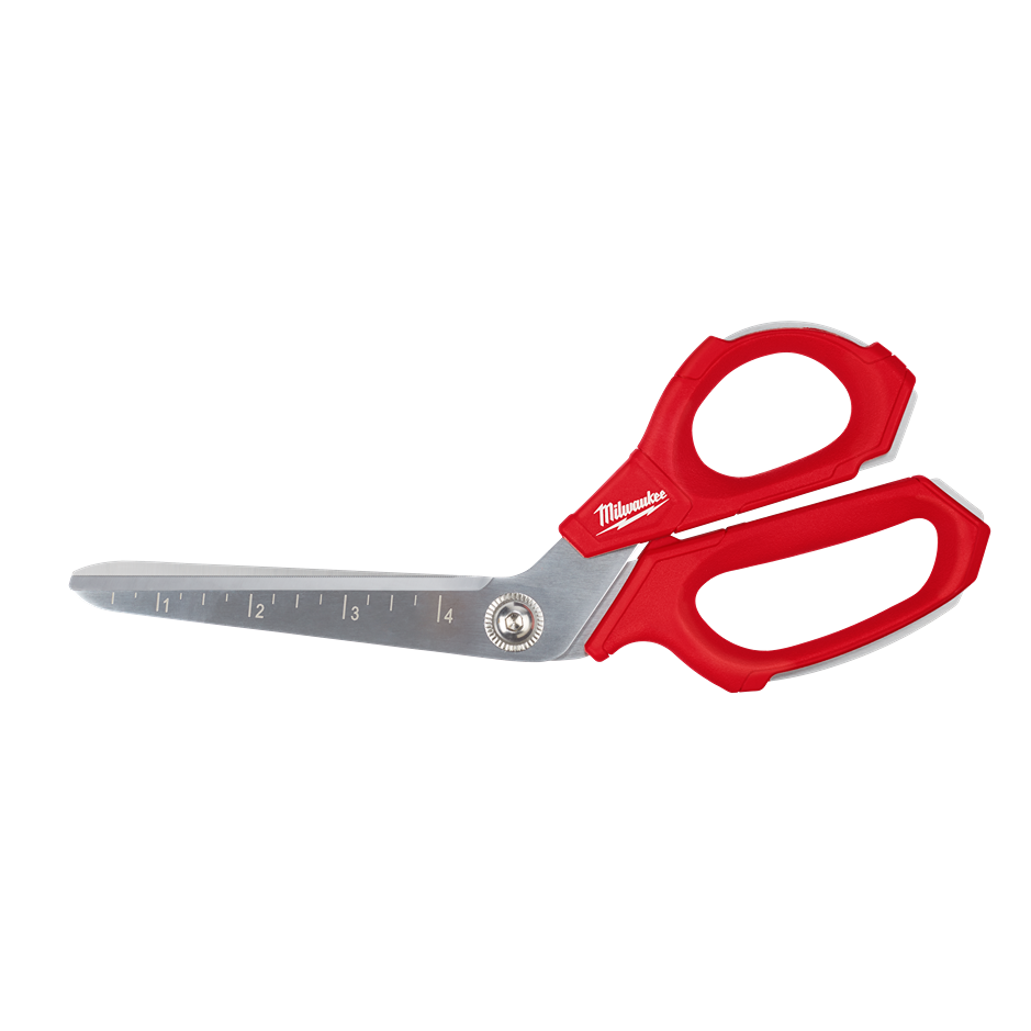 Red and silver offset scissors with measurement markings, part of cutting and woodworking tools under $50 collections