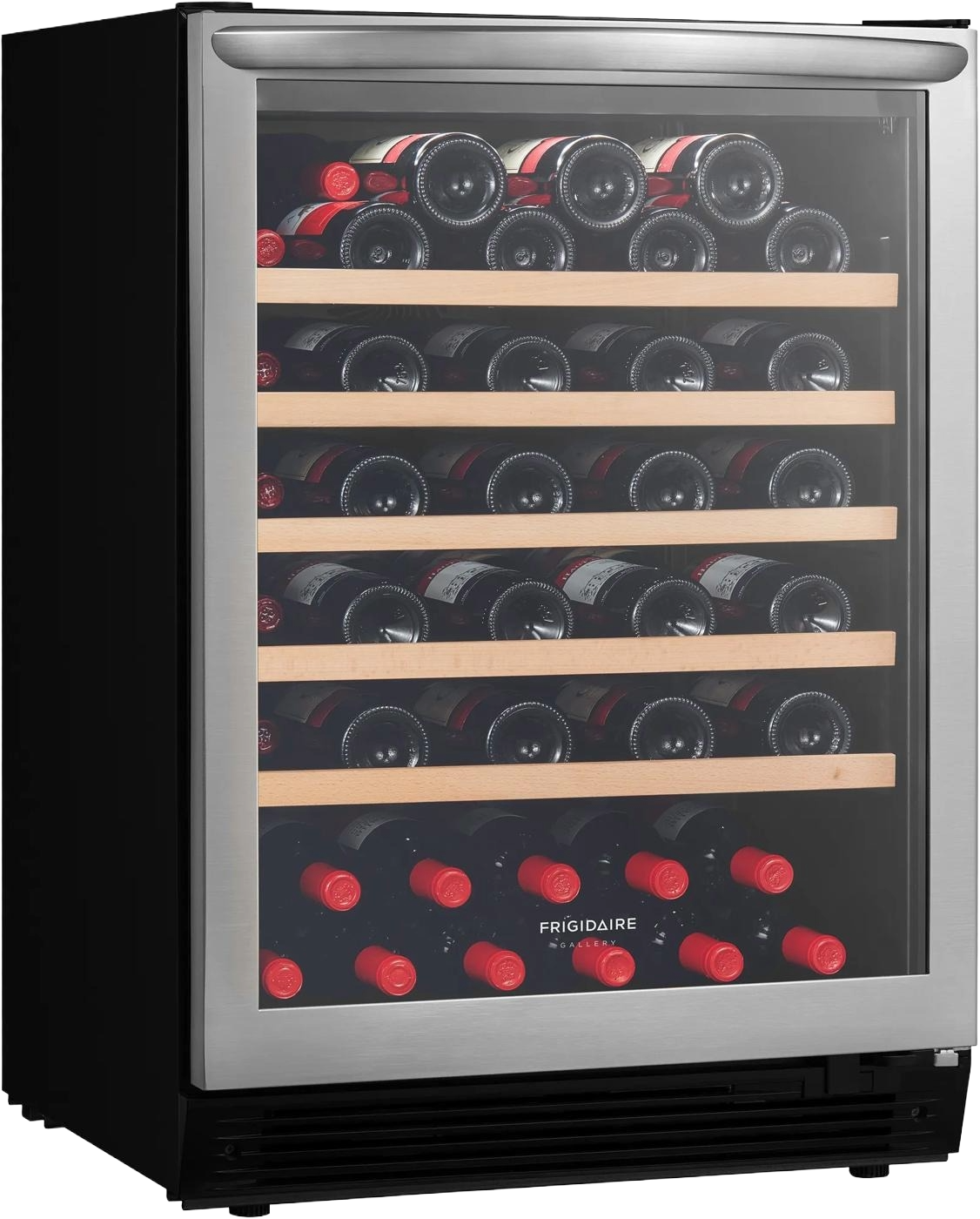 Compact beverage center with stainless steel frame, tinted glass door, wood-trim shelving storing multiple wine bottles for kitchen and appliance use.