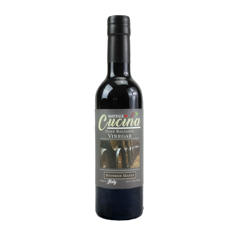 Bottle of Hartville Cucina dark balsamic vinegar with bourbon maple flavor, part of salad dressings and Hartville oil collection
