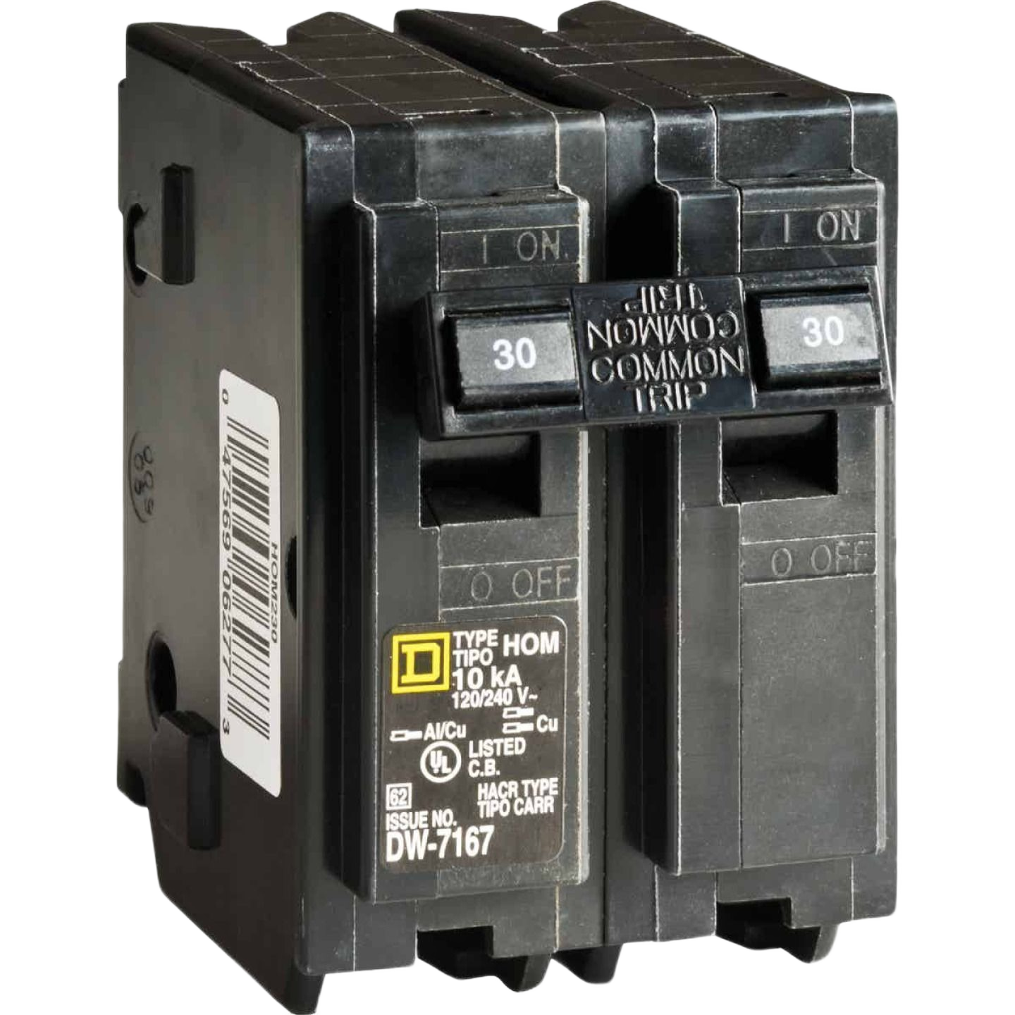Black double-pole electrical circuit breaker with common trip switch for home improvement and wiring tasks