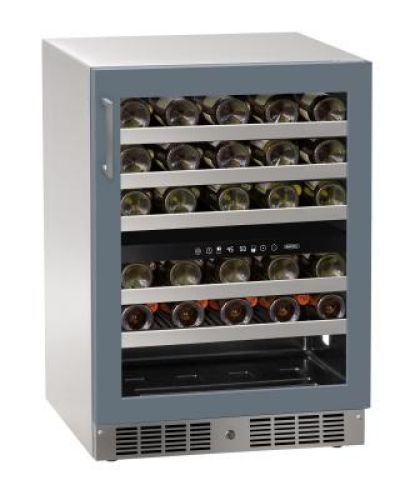 24 inch dual-zone wine cooler in stainless steel with glass door, digital controls, and multiple shelves for kitchen appliances collection