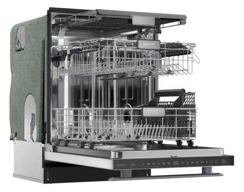 Open stainless steel dishwasher showing adjustable third rack and utensil basket in modern kitchen appliance setting