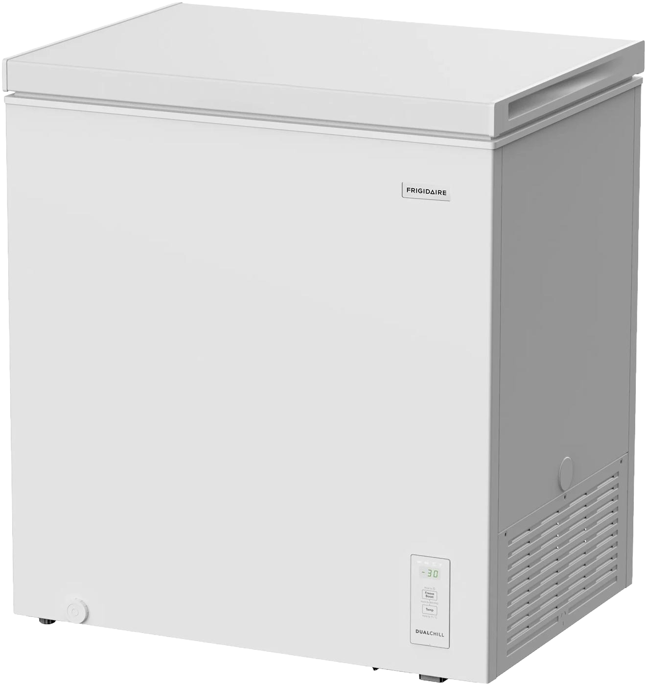 White garage-ready chest freezer with top lid, digital control panel, and vented lower section, ideal for home improvement and kitchen appliances.