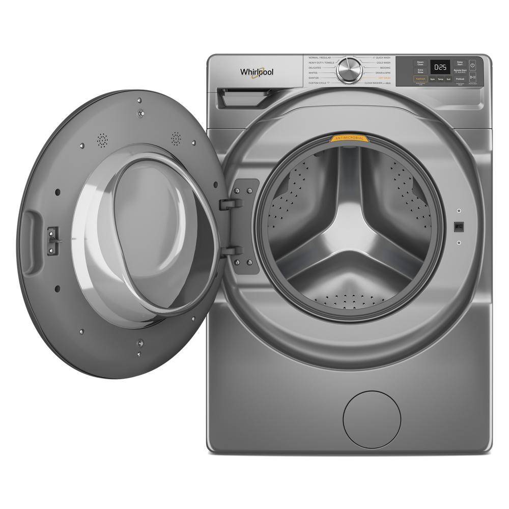 Front-facing pearl steel smart front load washer with open door showing stainless steel drum and control panel