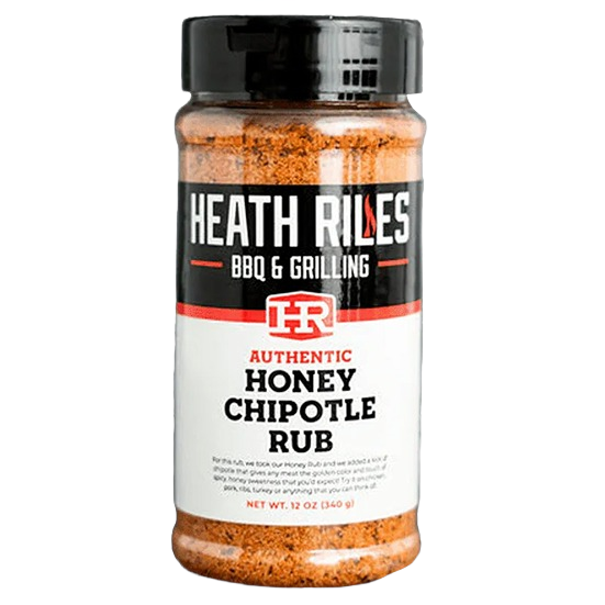 Clear jar of Heath Riles honey chipotle rub with black lid in BBQ Sauces & Rubs and Grilling collections under $50