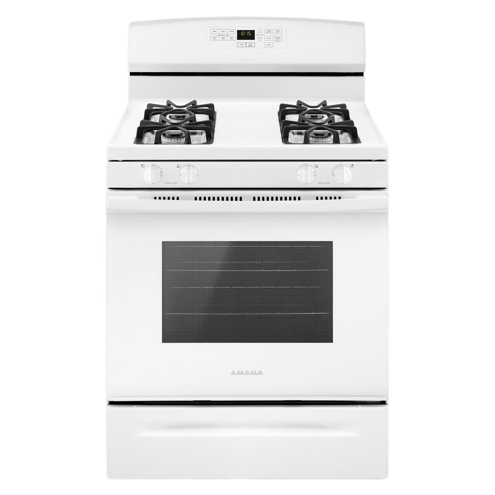 White 30-inch gas range with four burners, self-clean oven, and digital control panel in ranges and kitchenware collection