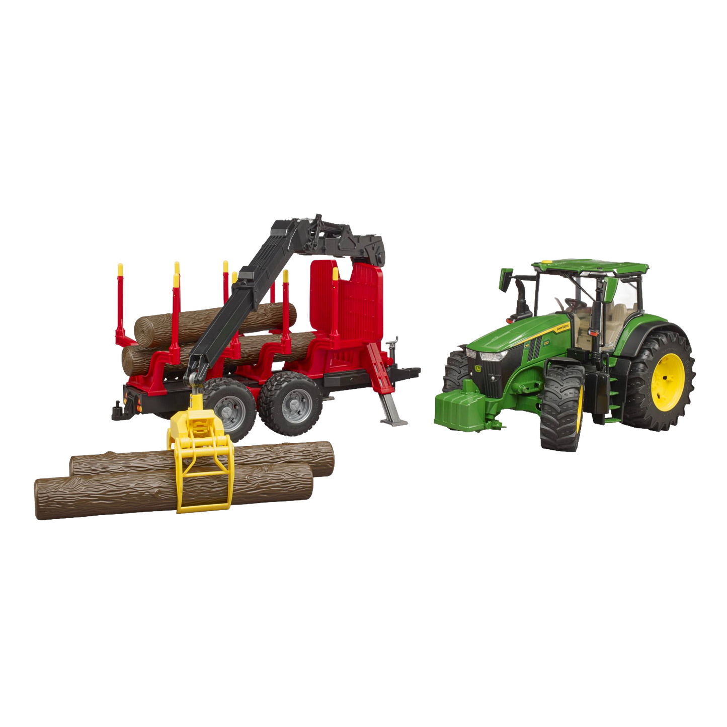 Green and yellow tractor toy with red forestry trailer carrying logs from Bruder Toys in Vehicles & Remote Controlled Toys collection