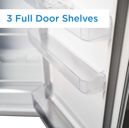 close-up of refrigerator door interior featuring three full-length clear storage shelves in kitchen appliances collection