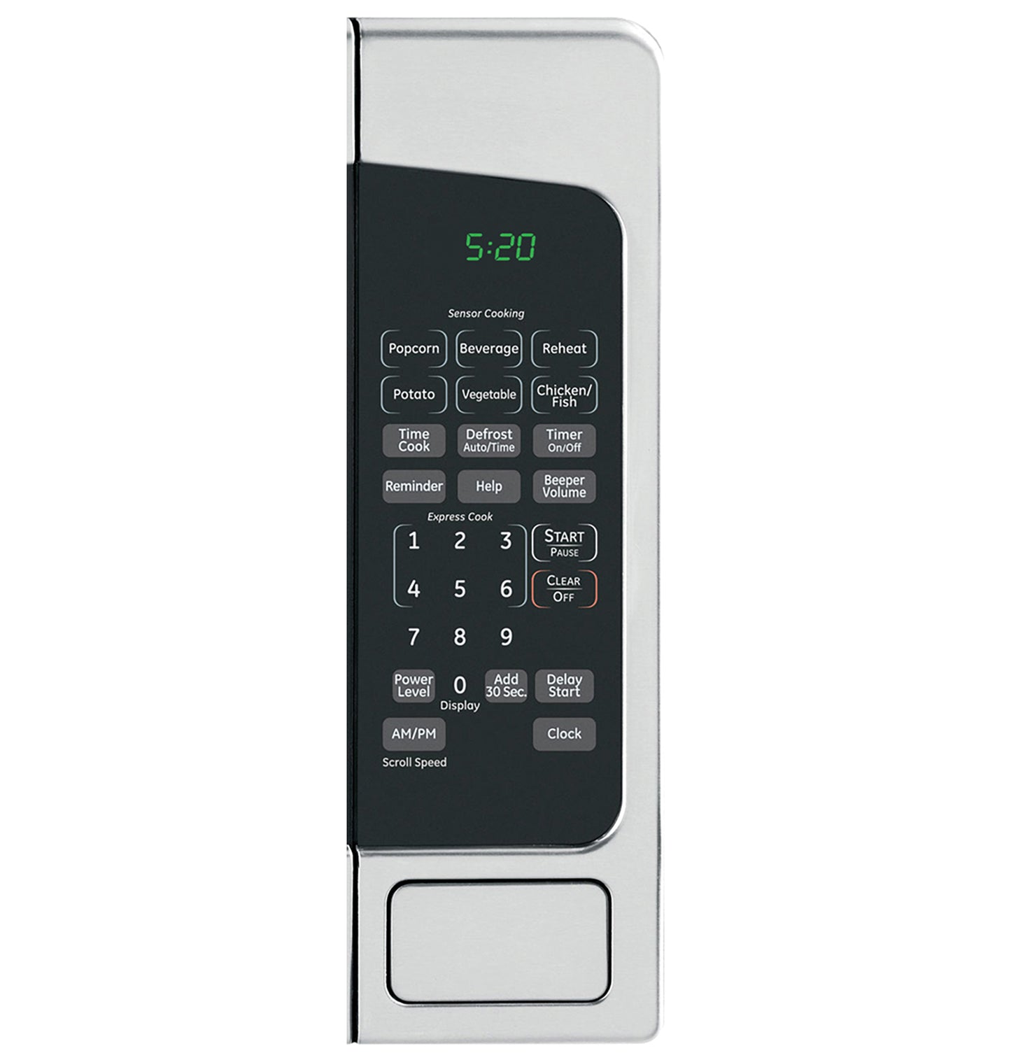 Control panel of stainless steel GE microwave oven with digital clock and preset cooking function buttons from Countertop Microwaves collection