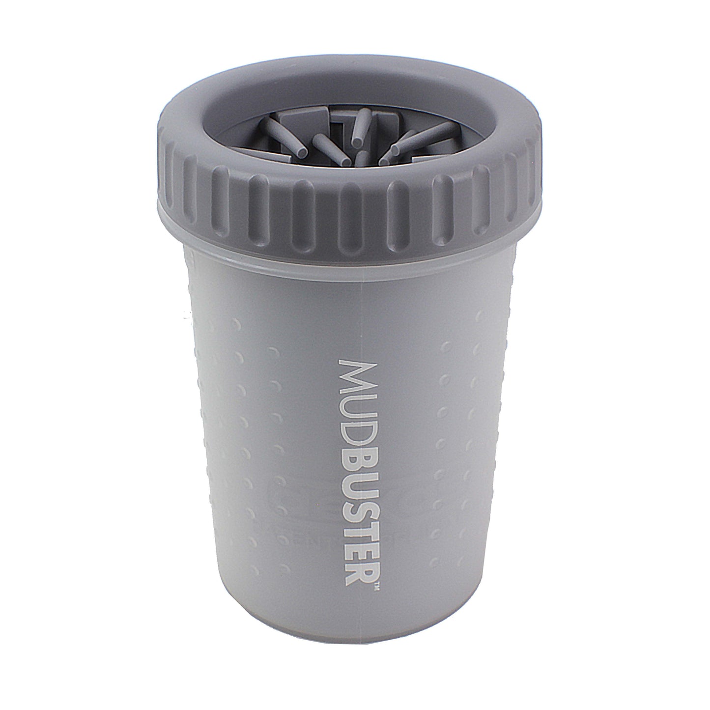 Light gray dog paw cleaner cup with soft silicone bristles for removing dirt and mud from pet paws