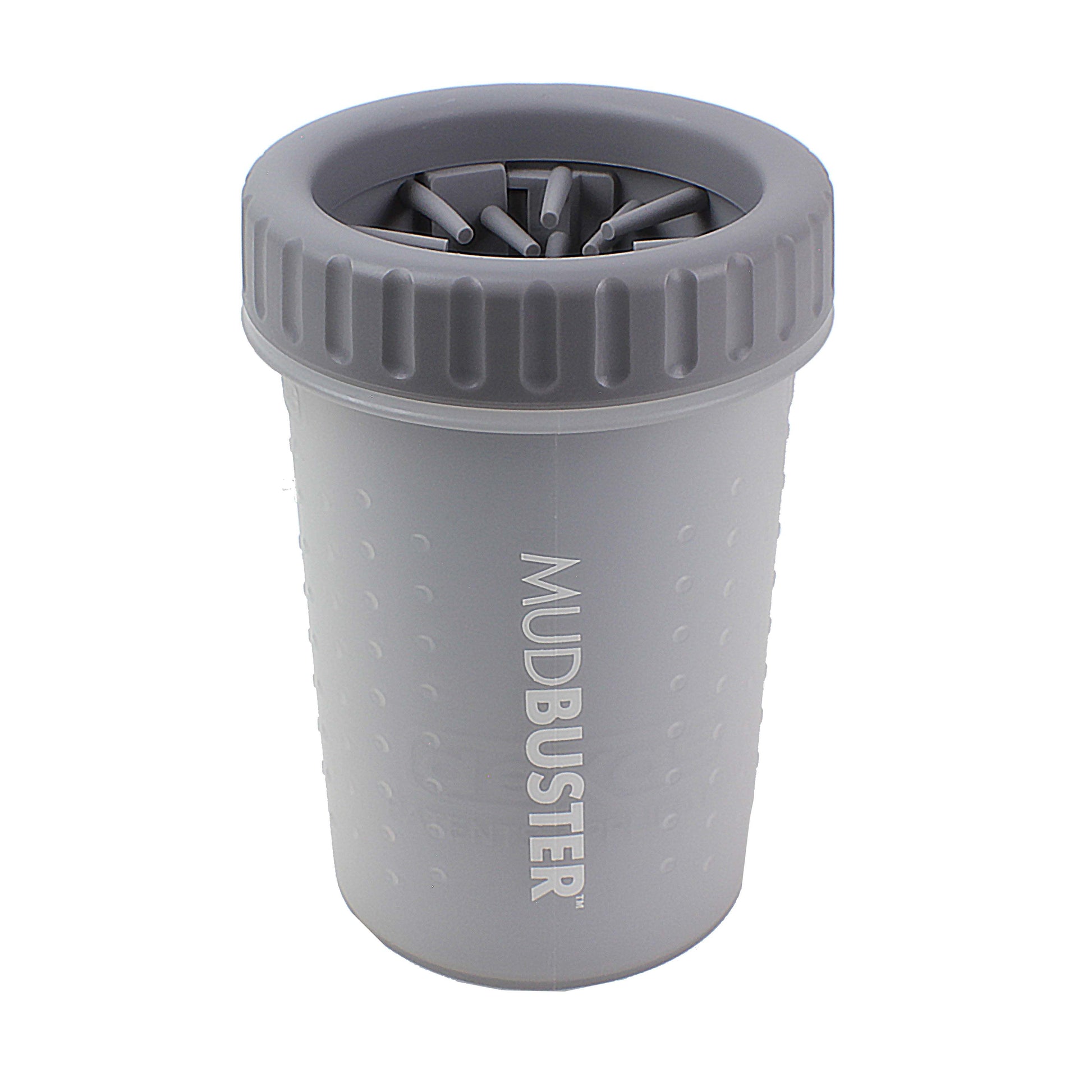 Light gray dog paw cleaner cup with soft silicone bristles for removing dirt and mud from pet paws