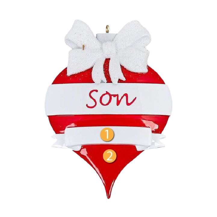 Red and white teardrop ornament with white bow and personalized "Son" lettering from Christmas Ornaments & Tree Decorations collection