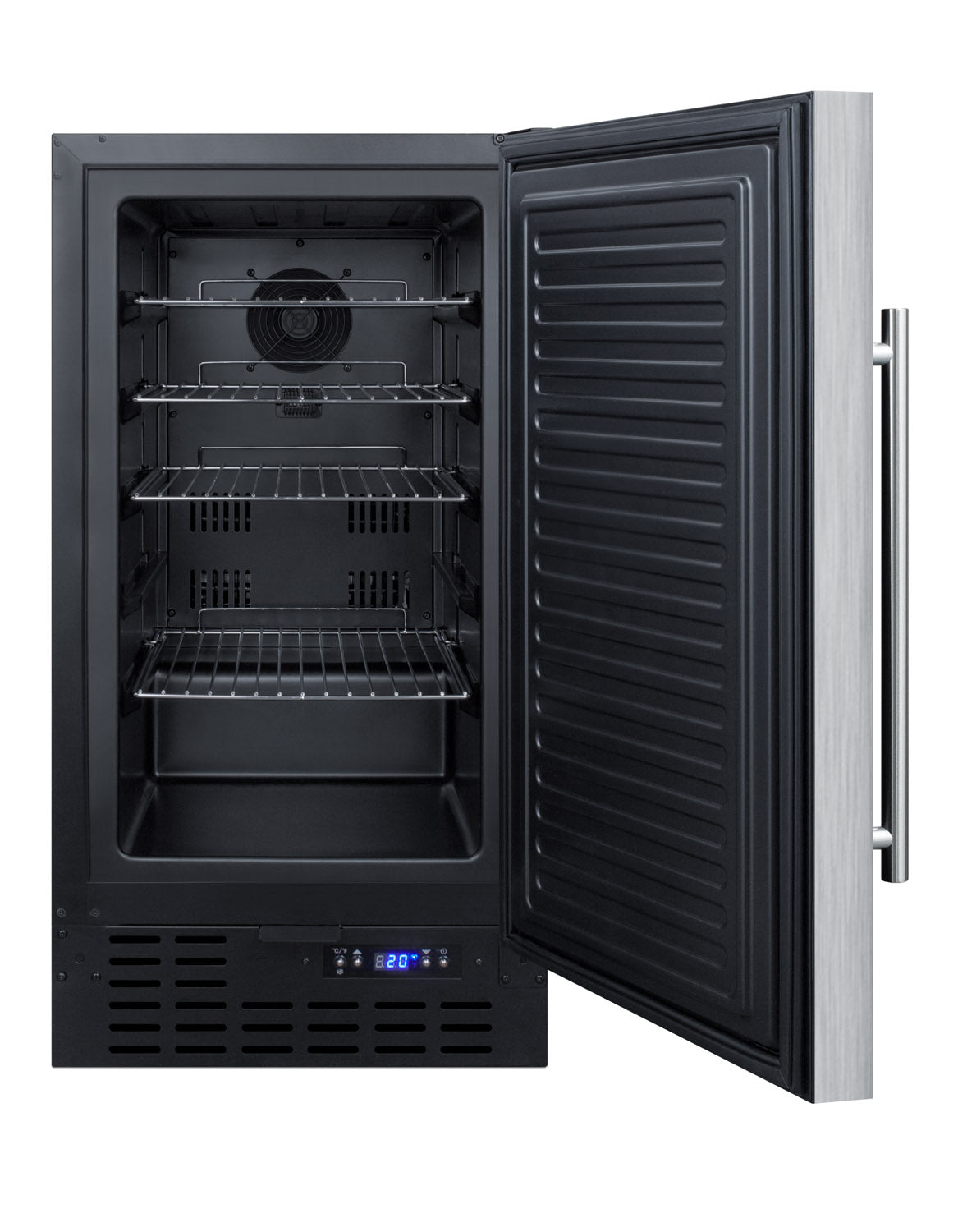 Black built-in all-freezer with open door, metal shelves, digital temperature display, and stainless steel handle for kitchen use