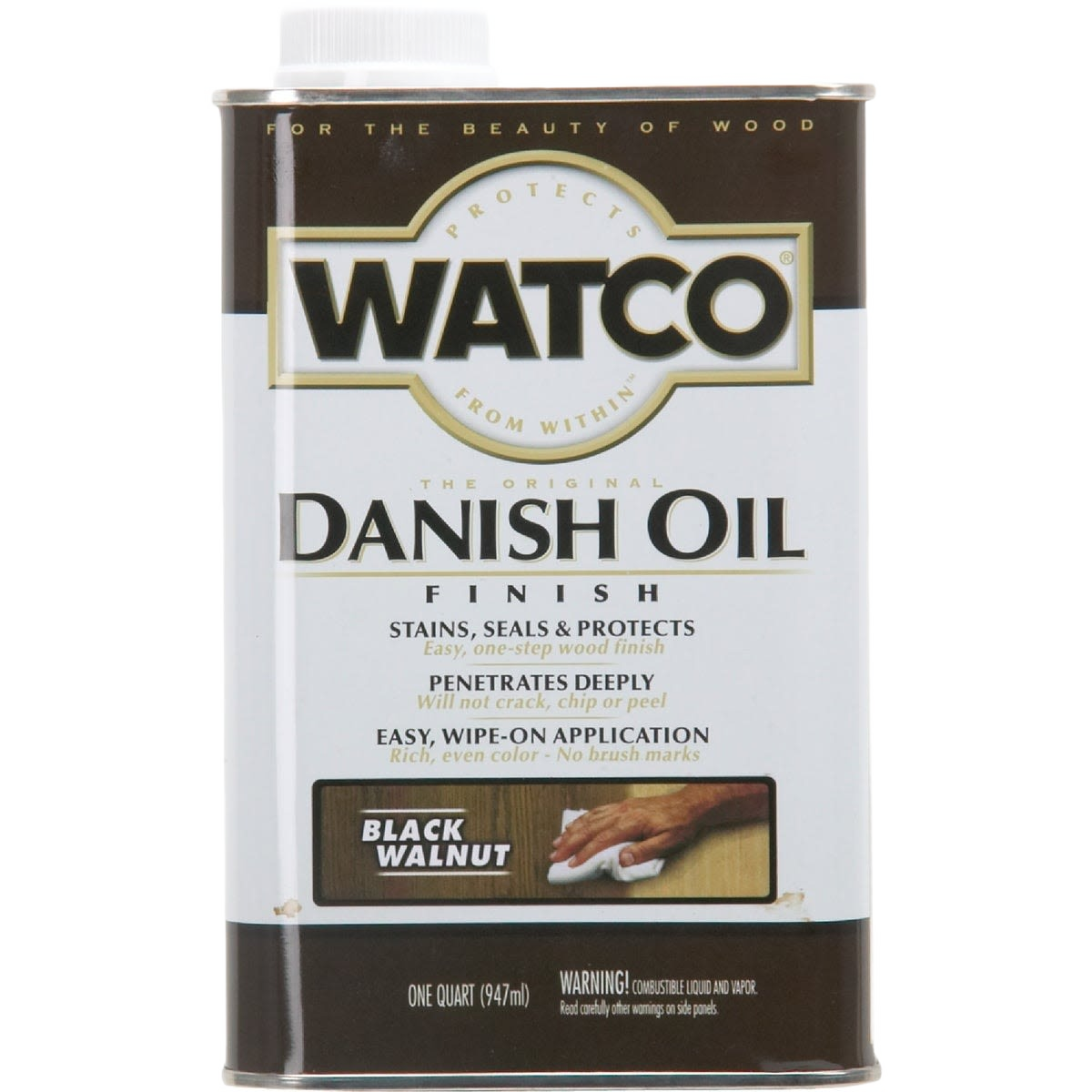 Quart can of black walnut Danish oil finish for wood stains, sealing, and finishing in home improvement projects