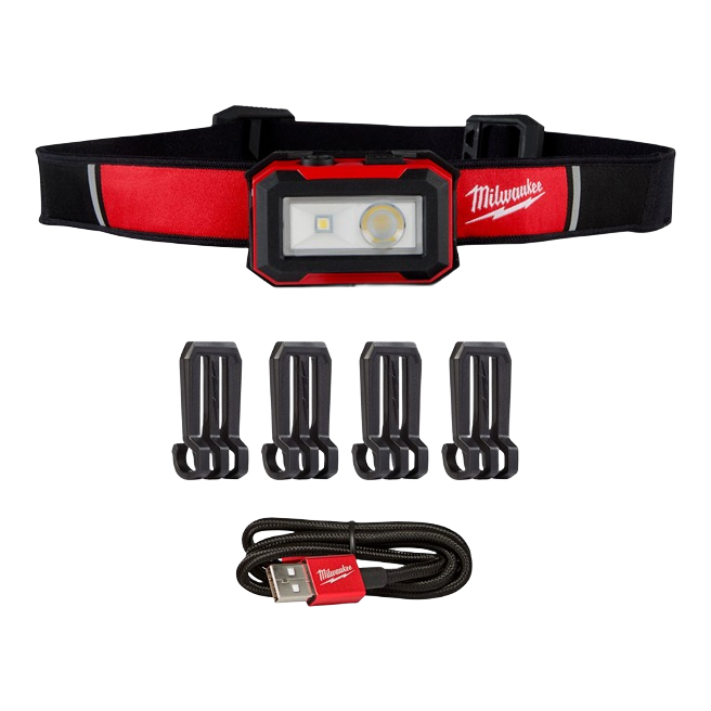 Rechargeable Milwaukee magnetic headlamp with adjustable strap, mounting clips, and USB charging cable for home improvement tasks