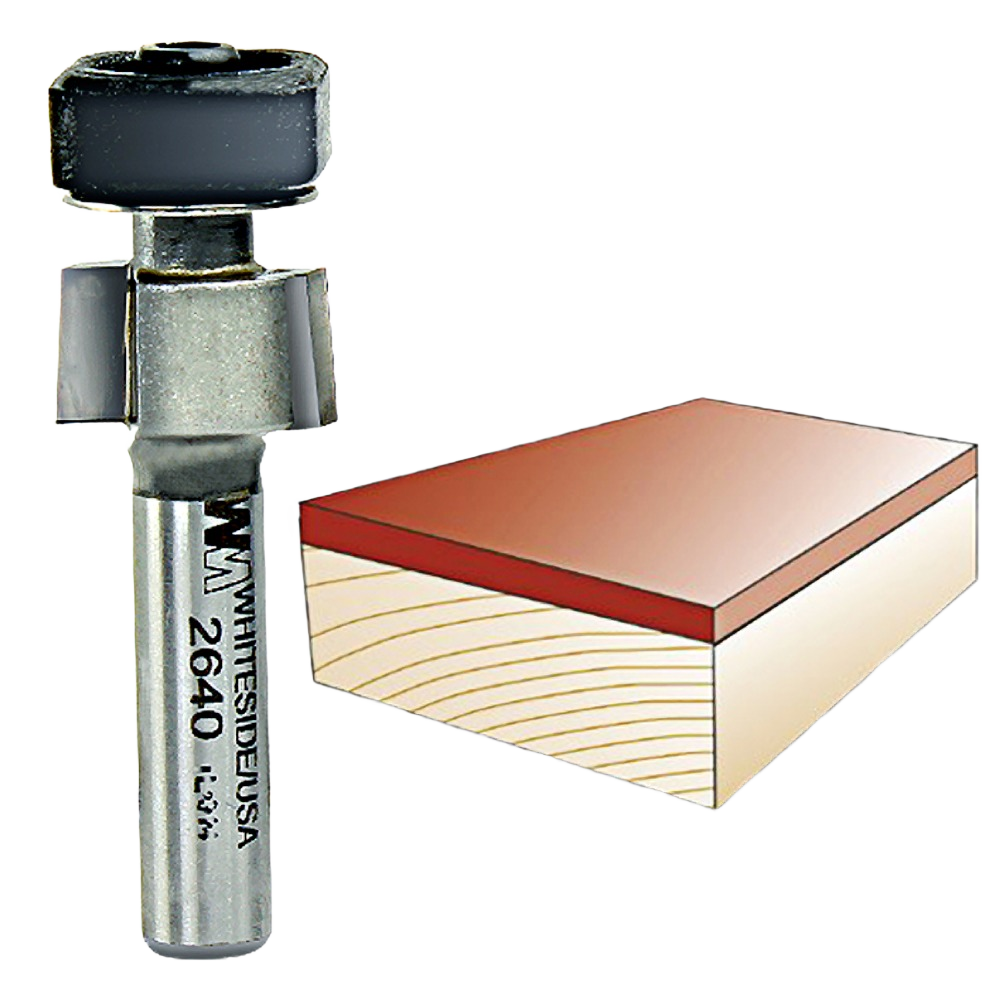 Router bit with Euro square bearing alongside a trimmed laminate edge on wood for tool accessories and home improvement