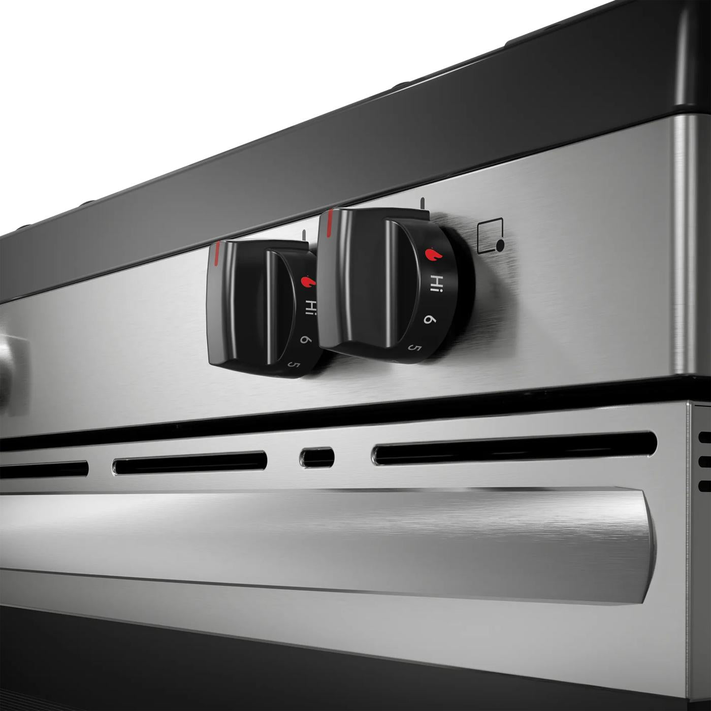 Close-up of stainless steel 30" gas range control knobs and handle in Ranges and Kitchen & Kitchenware collections