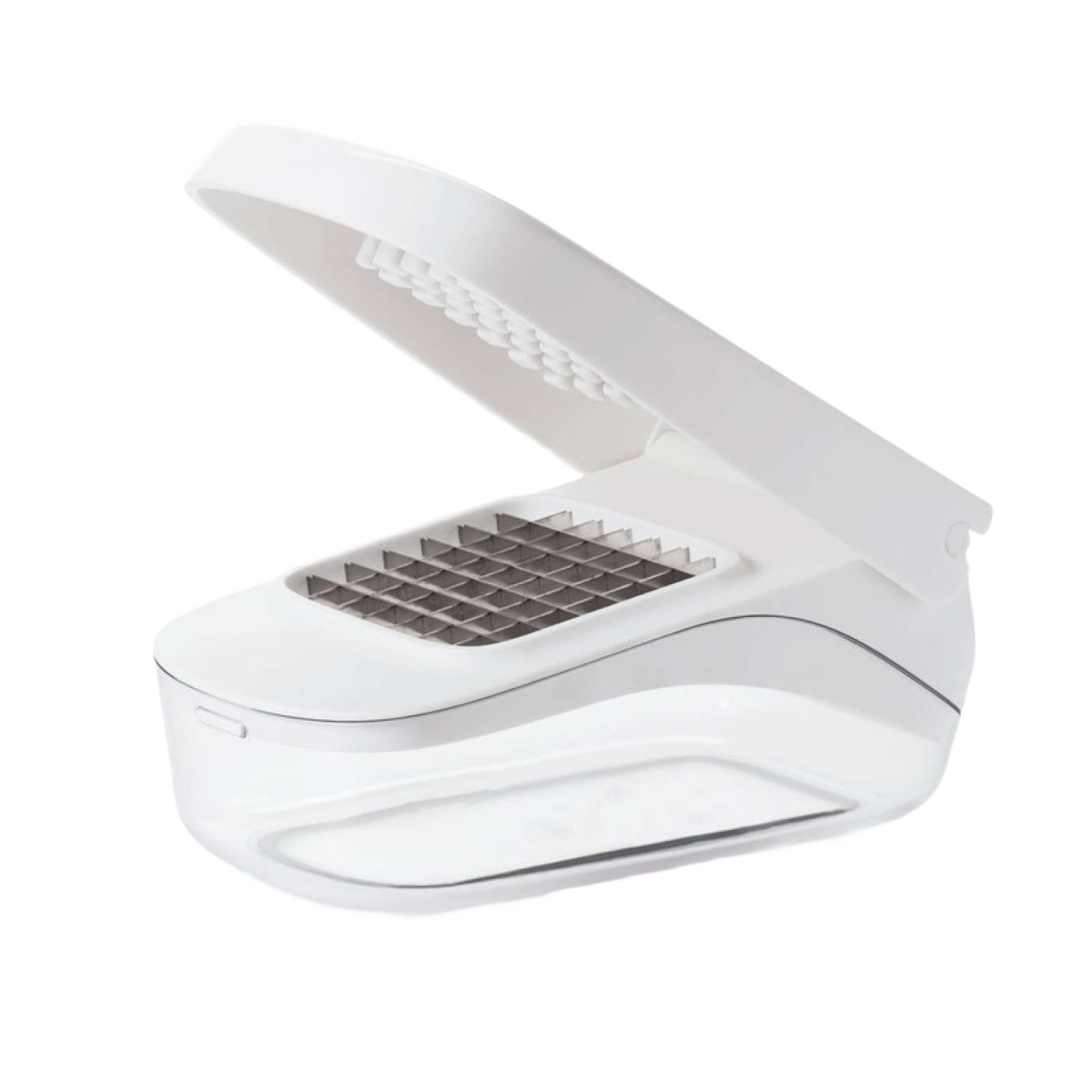White vegetable chopper with stainless steel blades and easy pour design for kitchen gadgets and cooking utensils collection