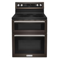 Front view of a freestanding double oven electric range with five burners and control knobs in appliances category