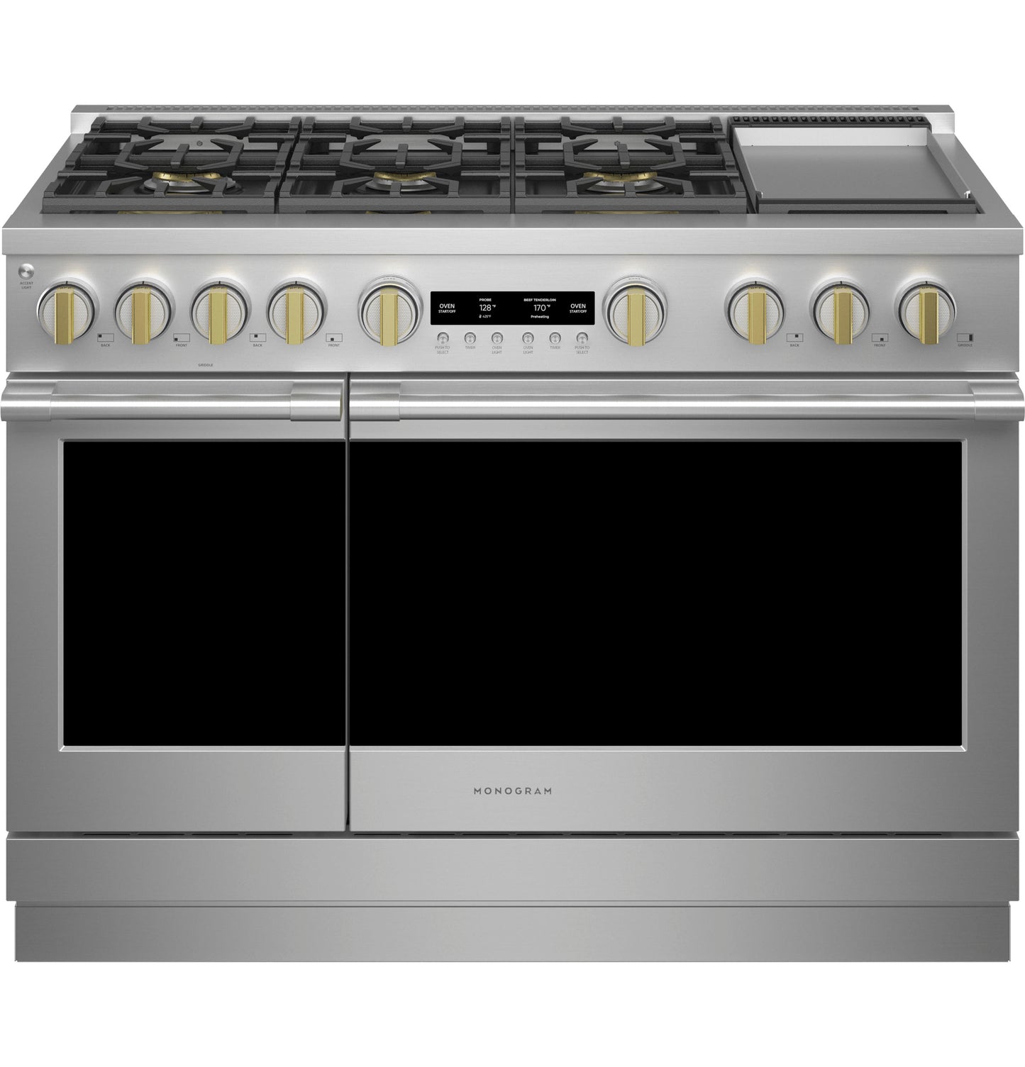 Stainless steel professional gas range with six burners, griddle, dual ovens, and bronze control knobs in kitchen appliances collection