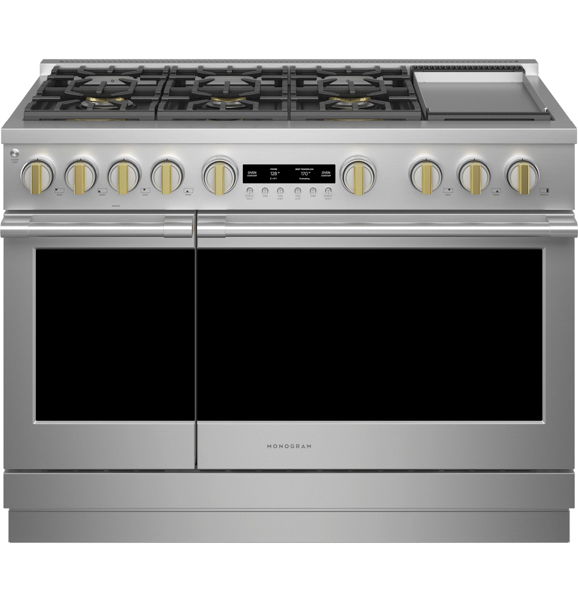 Stainless steel professional gas range with six burners, griddle, dual ovens, and bronze control knobs in kitchen appliances collection