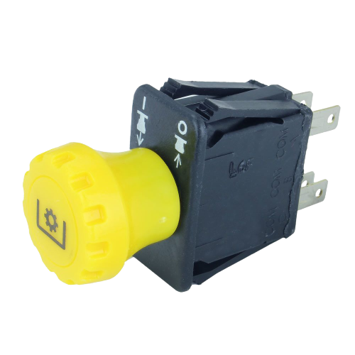 Yellow push-pull knob switch with black housing for PTO control in tools and home improvement equipment