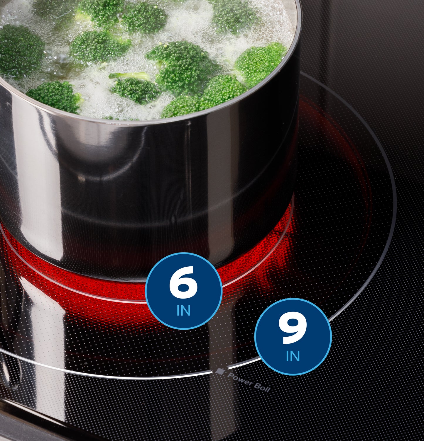 Close-up of stainless steel pot boiling broccoli on glowing 6-inch heating element of electric range cooktop