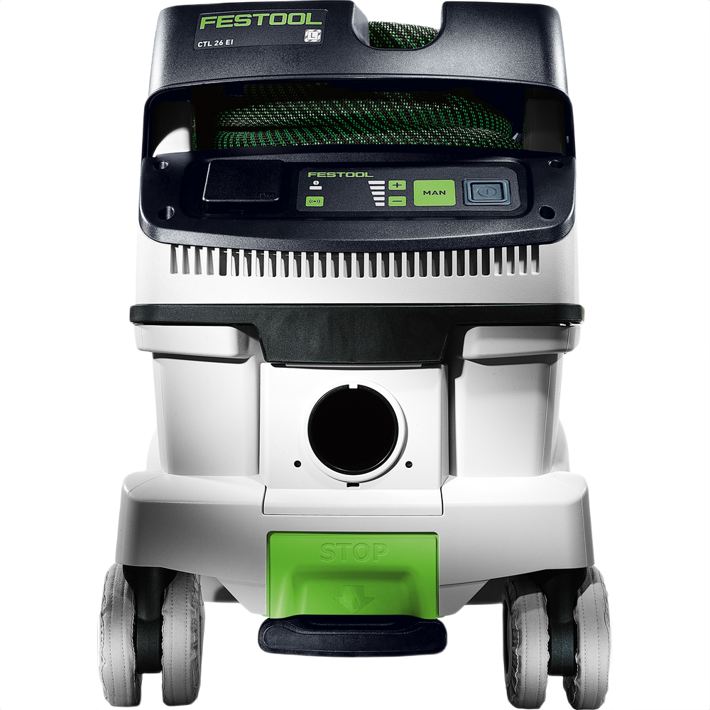Compact dust extractor with green accents and digital controls for dust management in woodworking and home improvement tools category