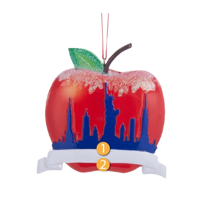 Red apple ornament with glitter and blue New York skyline silhouette for Christmas tree decor under $50 collection
