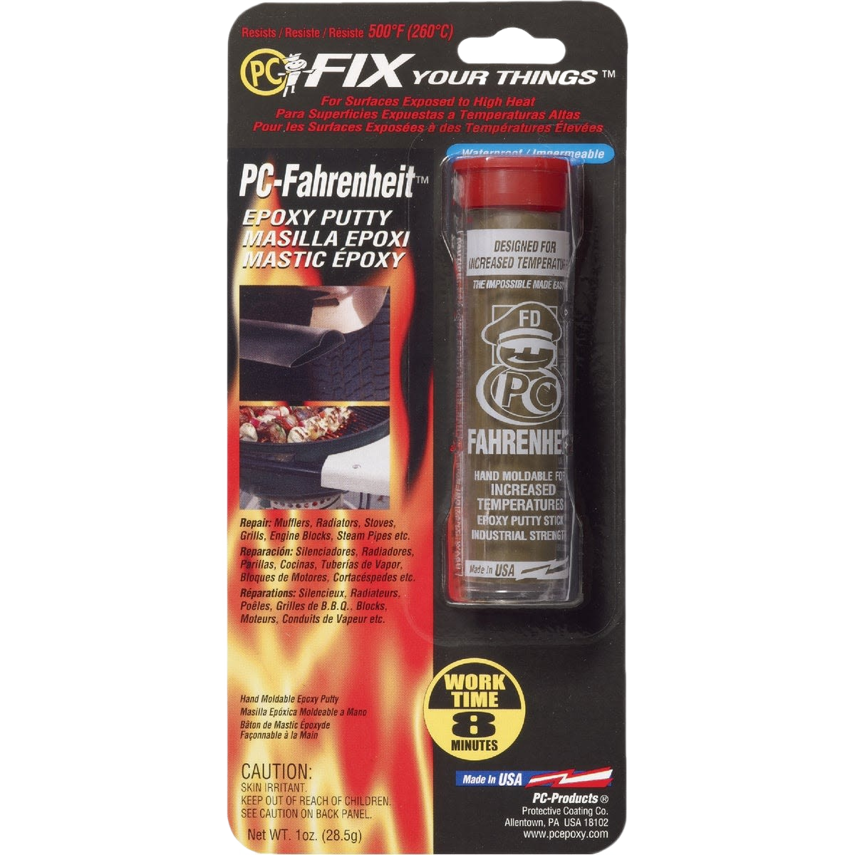 Tube of brown epoxy putty in packaging for high-heat repair projects in tools and home improvement tasks