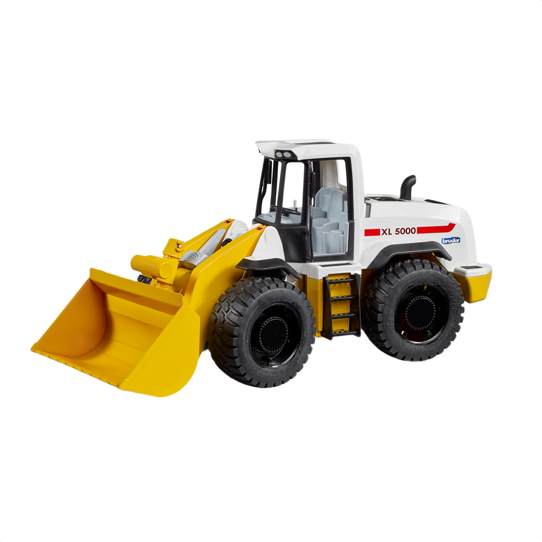 White and yellow Bruder XL 5000 compact wheel loader toy with large front bucket for construction play tasks