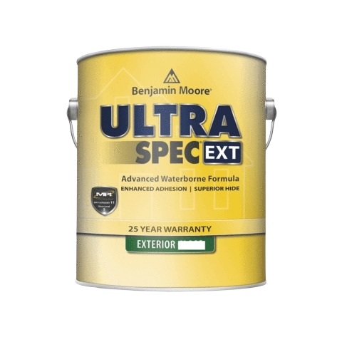 Benjamin Moore Ultra Spec exterior paint in white satin finish for durable home improvement projects under $50