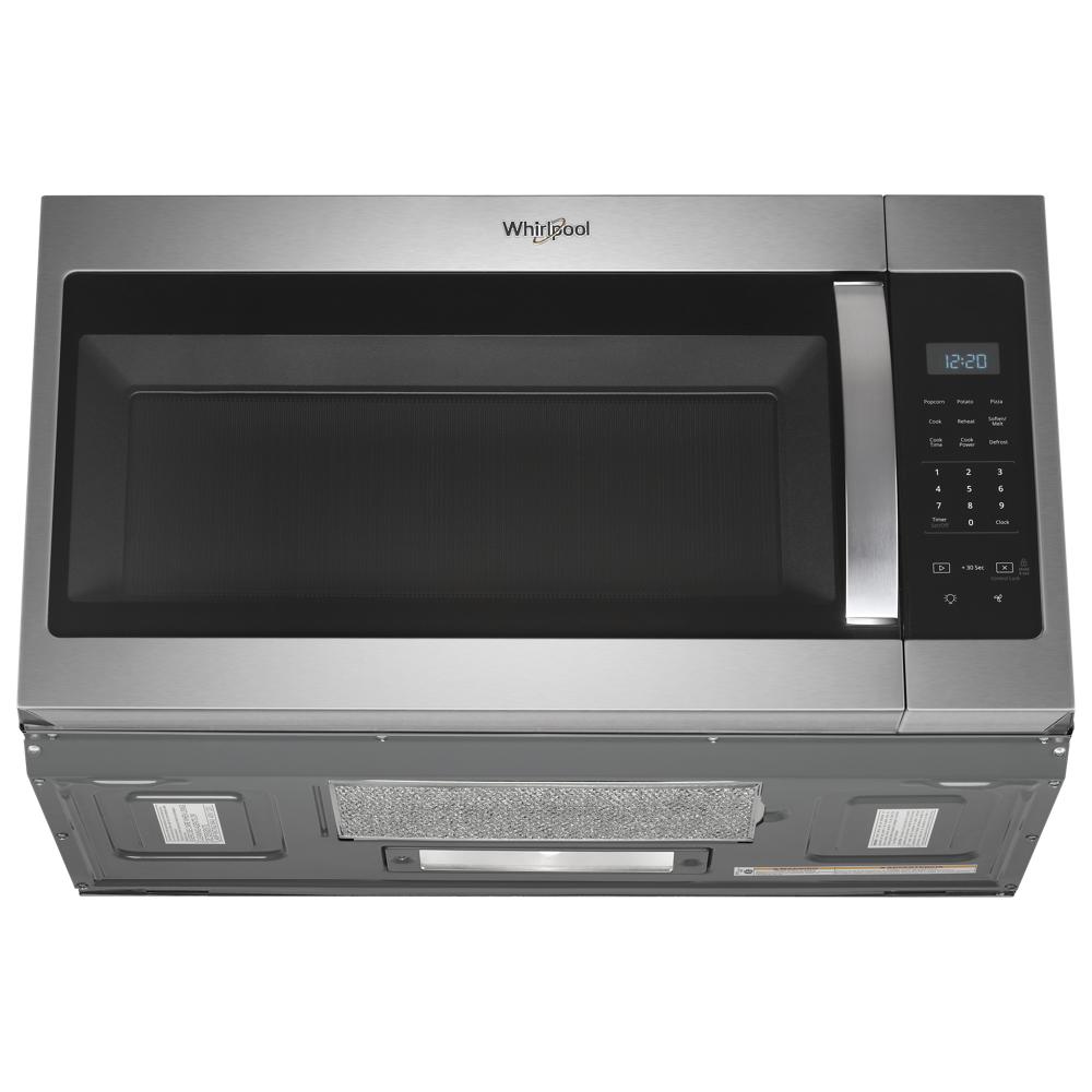 Overhead view of stainless steel microwave hood combo with digital touch controls and clock display from Kitchen & Kitchenware collection