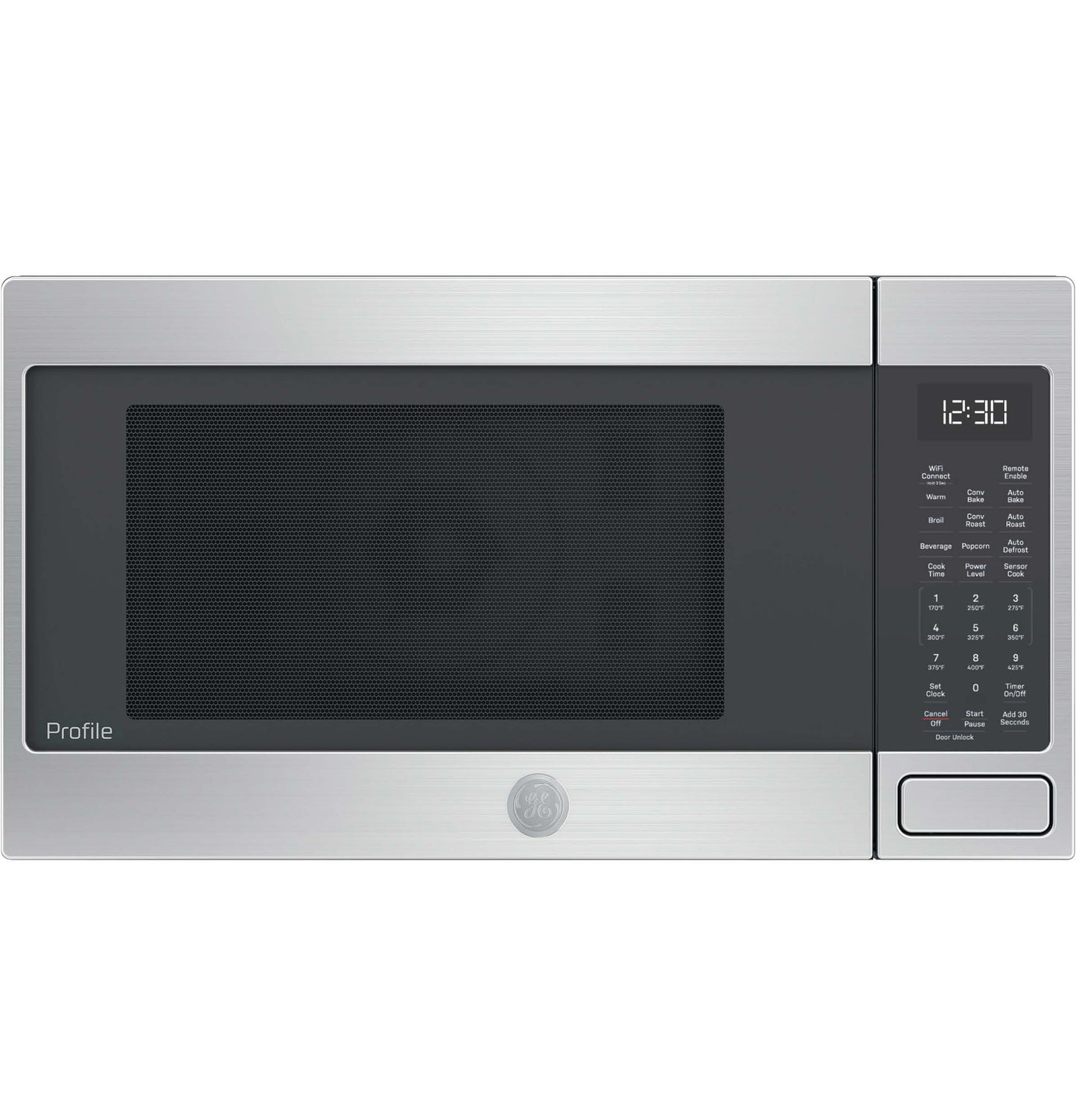 Stainless steel GE Profile countertop convection microwave with digital control panel in kitchen appliances collection