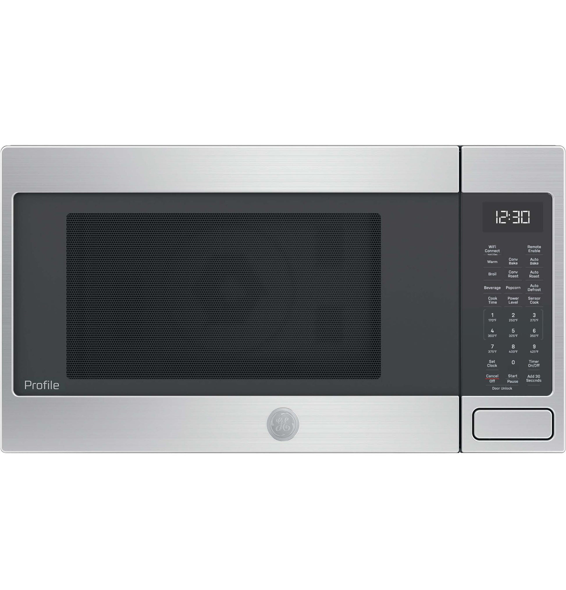 Stainless steel GE Profile countertop convection microwave with digital control panel in kitchen appliances collection