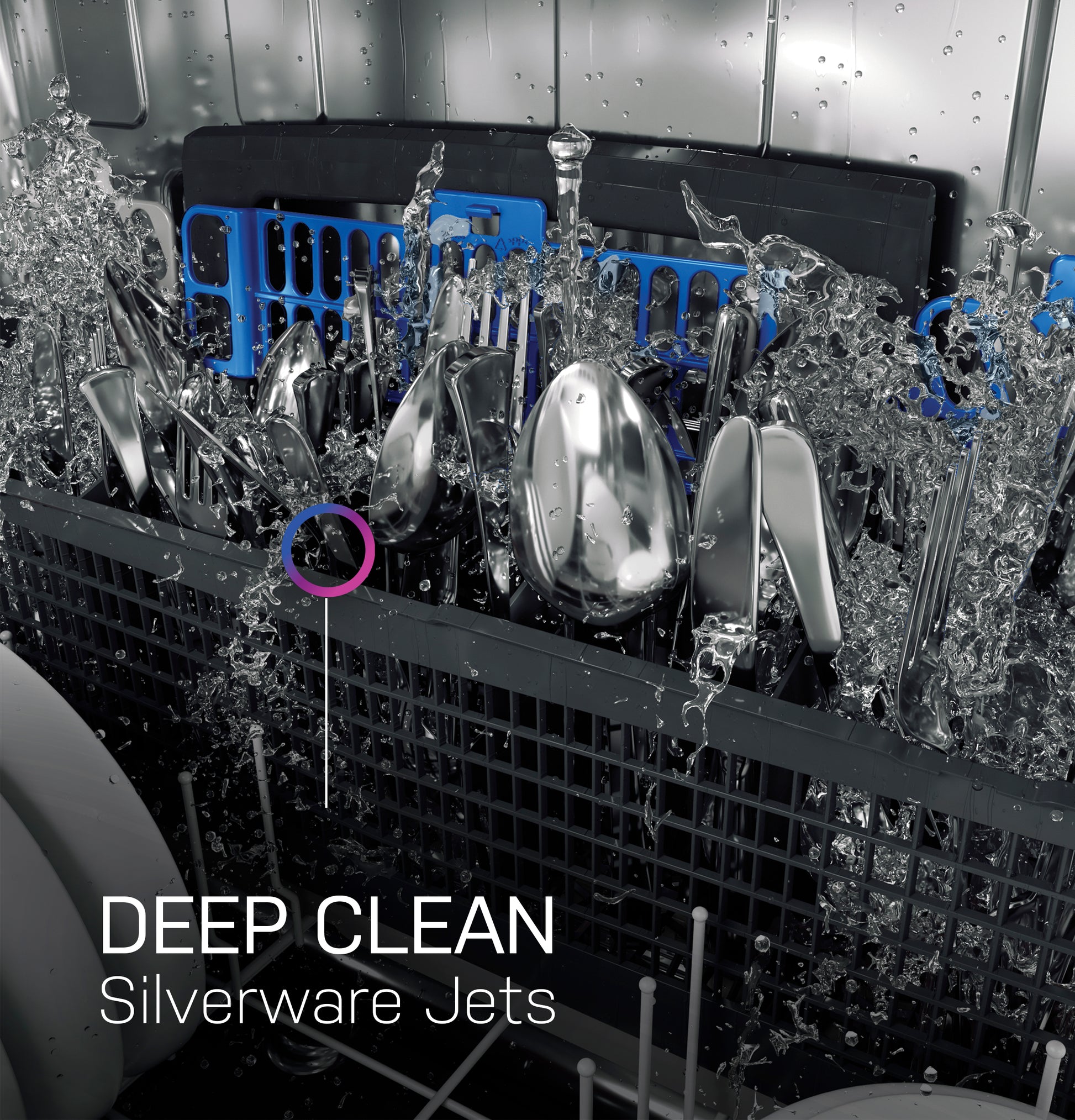 Silverware being thoroughly cleaned by water jets inside a dishwasher designed for deep cleaning utensils