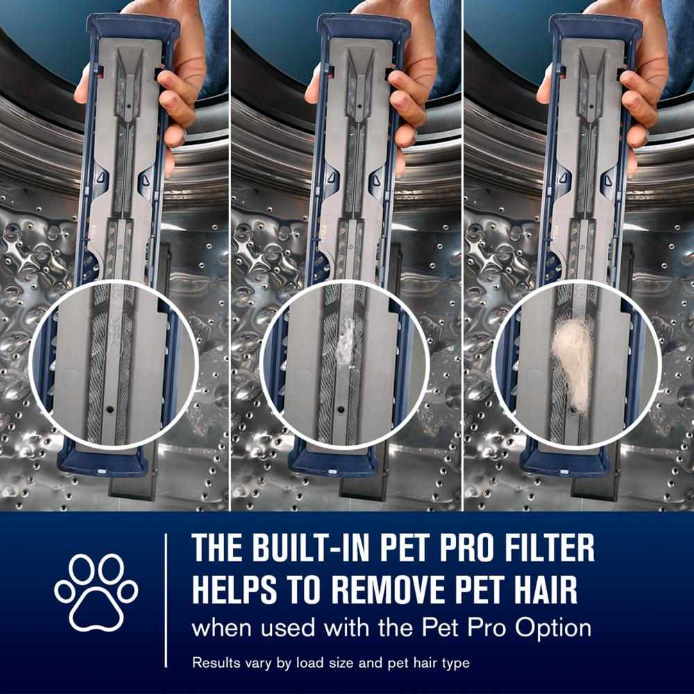 Three close-up views of a built-in filter removing pet hair inside a front load washer drum