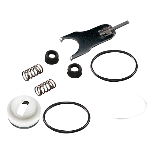 Set of replacement faucet repair components including springs, seals, and a metal valve tool for home improvement use
