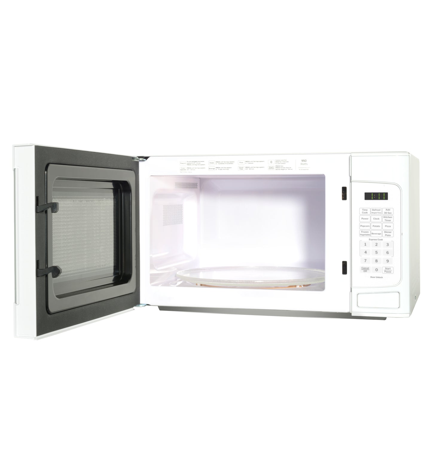 White countertop microwave oven with open door and digital control panel, part of kitchen appliances and countertop microwaves collection