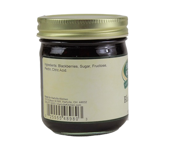 Ingredients label on Hartville Kitchen blackberry jam jar listing blackberries, sugar, fructose, pectin, and citric acid