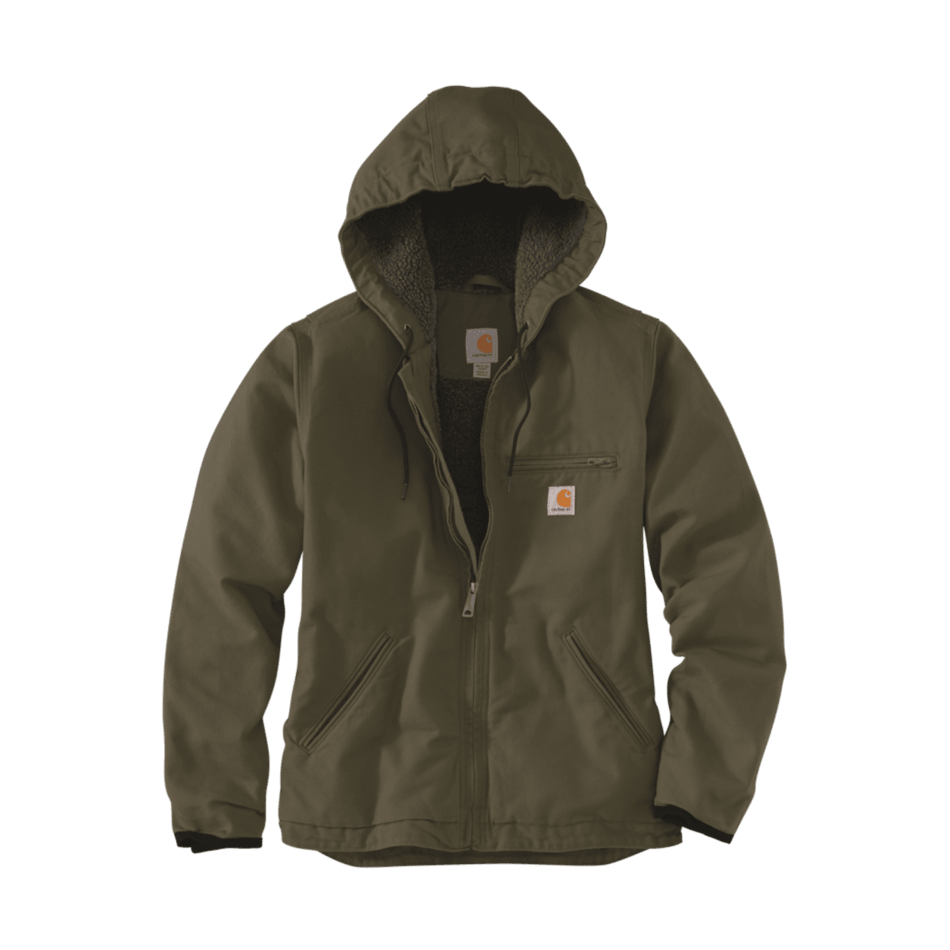 Women's loose fit washed duck jacket in taupe gray with sherpa lining and hood for warmth and durability in outerwear collection