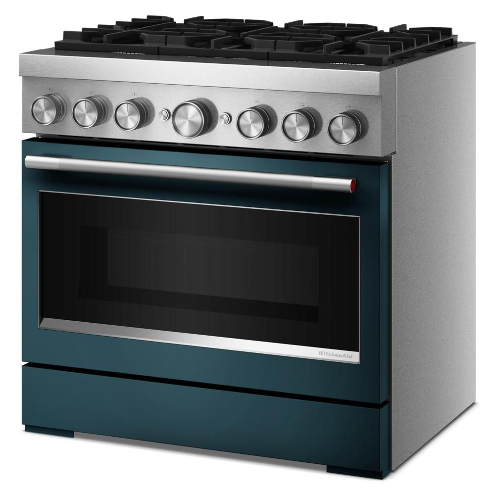 36-inch commercial-style dual fuel range with six burners and blue oven door from KitchenAid collection