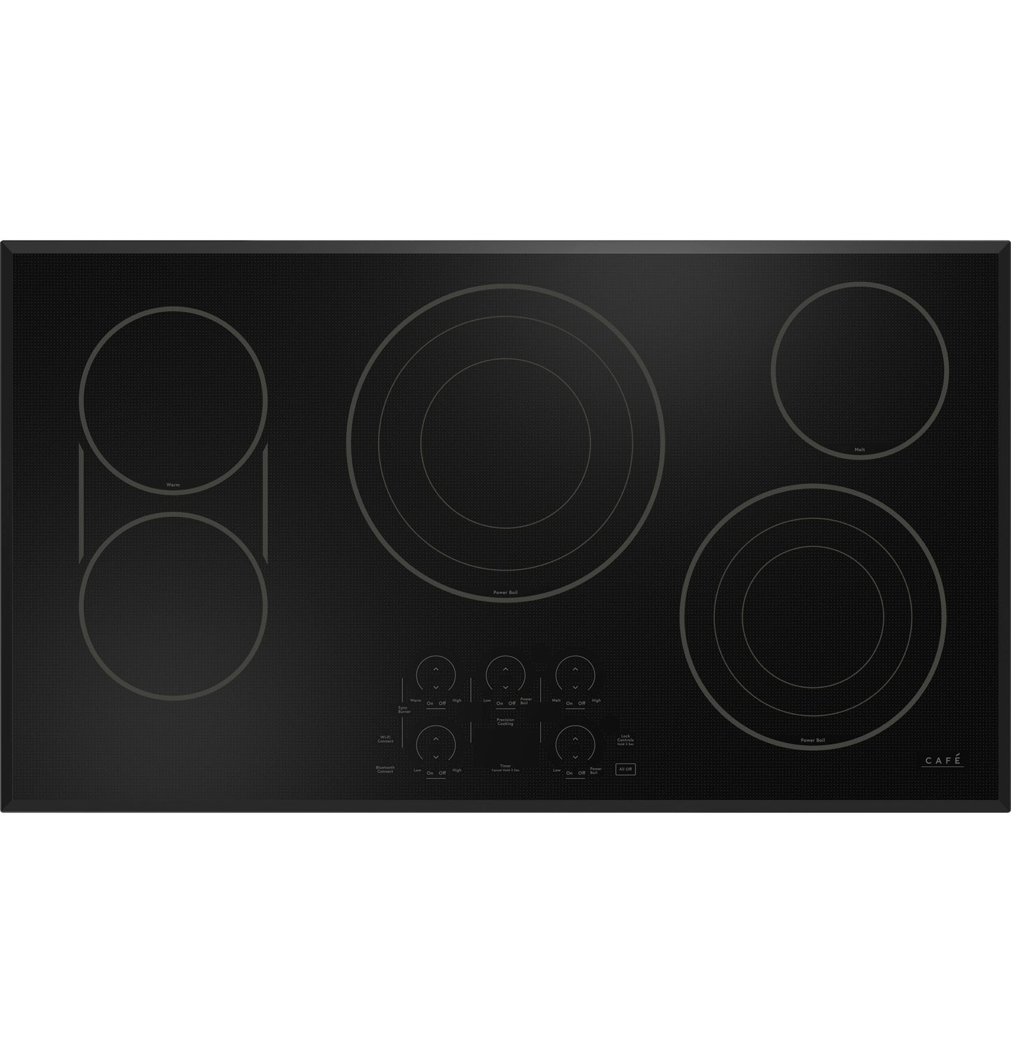 Black glass 36-inch touch-control electric cooktop with five cooking zones and digital controls for modern kitchens