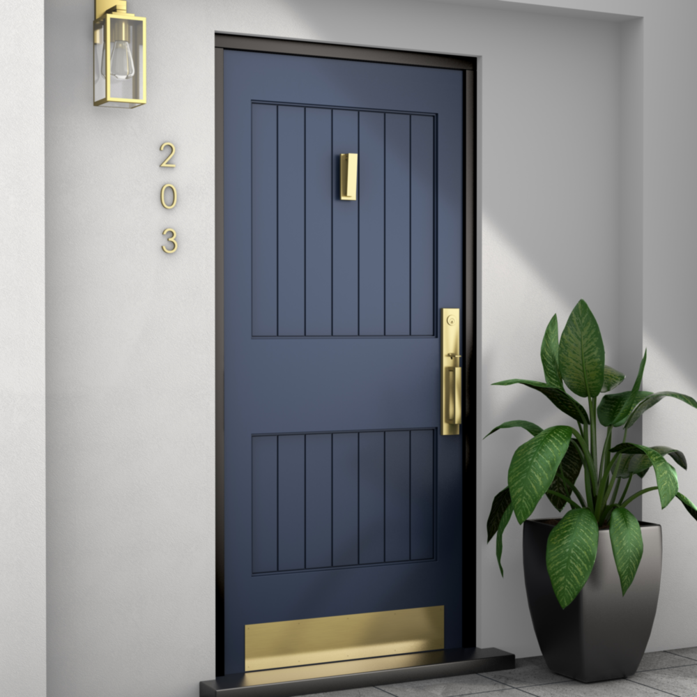 Brushed gold reed door knocker and matching hardware on navy door in modern home improvement setting